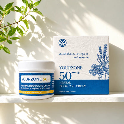 YourZone 50− Herbal BodyCare Cream jar and box on a sunlit white shelf