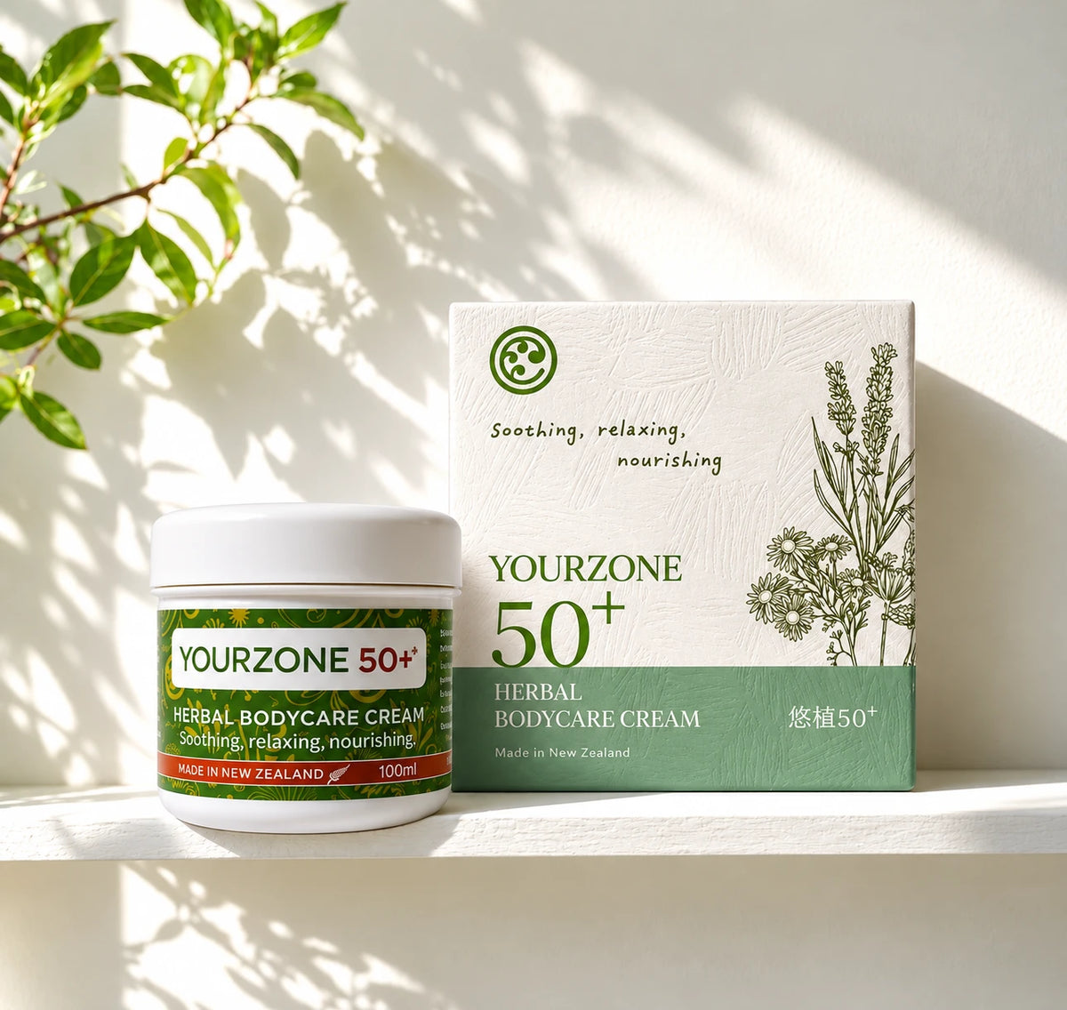 YourZone 50+ Herbal BodyCare Cream jar and box on a sunlit white shelf